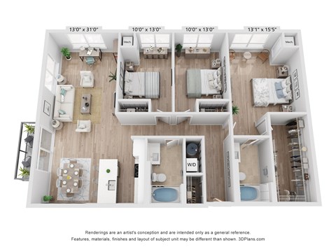 A floor plan of a house with four bedrooms, a living room, a kitchen, a dining room, and a bathroom.